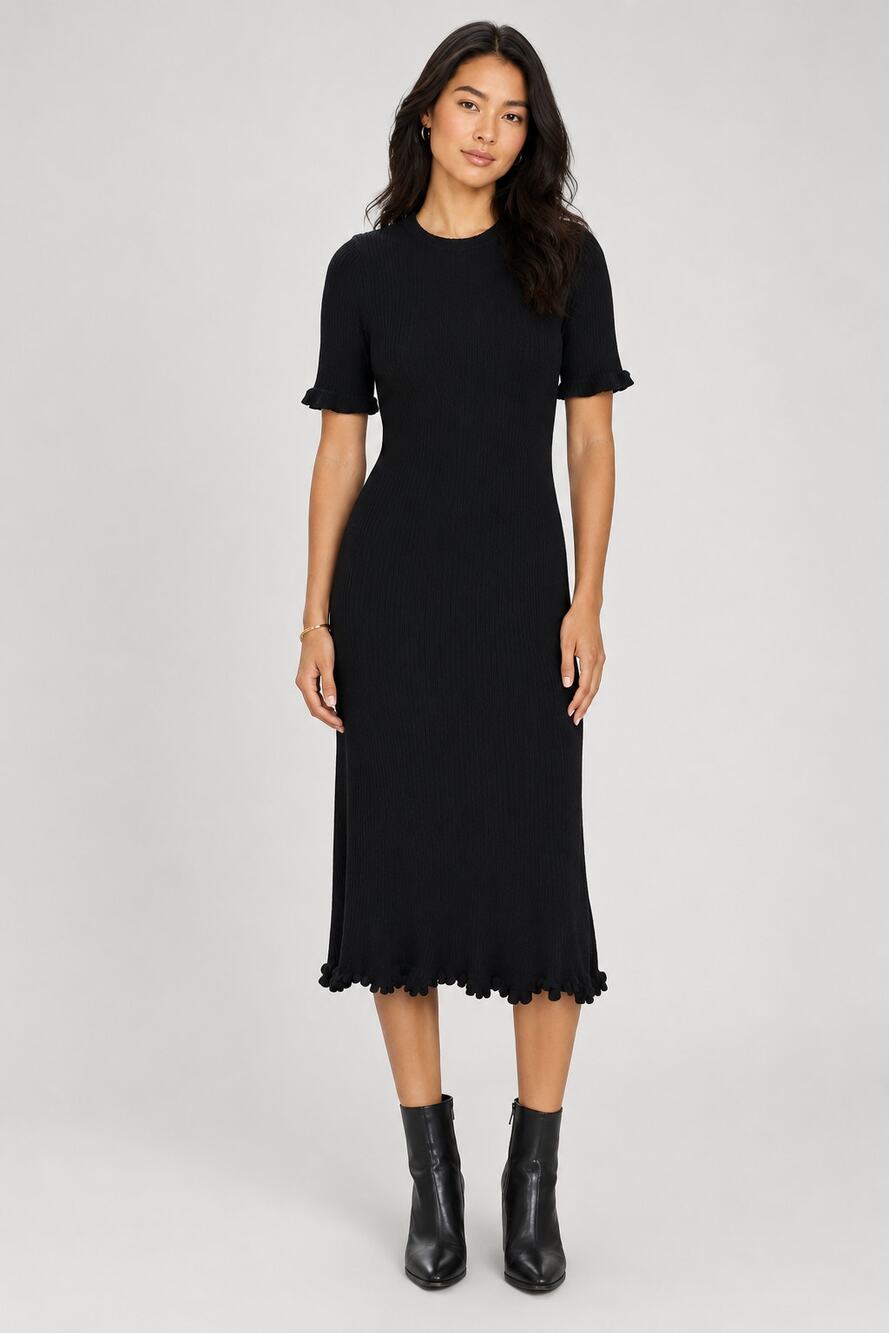 Club Monaco SZ L Mix Stitch Ribbed Crochet Ruffle Hem Midi Dress Black Knit